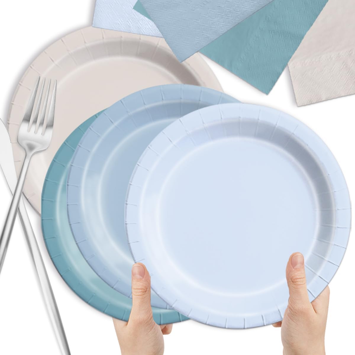 CMUSKO Blue Birthday Decorations - 150pcs Dusty Blue Gradient Plates & Napkins Kit Serves 50 for Dusty Theme Baby Shower,Wedding, Bridal Shower
