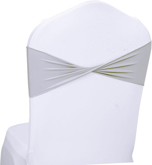 MDS Pack of 150 Spandex Chair Sashes Bows Elastic Stretch Dining Chair Bands Ties Without Slider Buckle Universal fits for Wedding Baby Shower Birthday Party Banquet Event Decoration - Light Silver