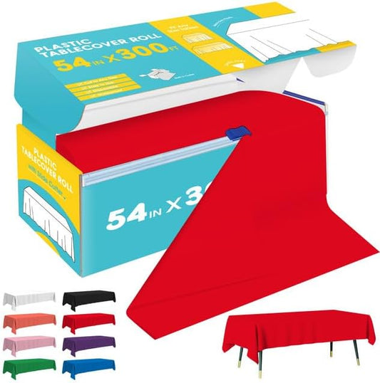 Red Plastic Table Cover Roll - 54IN x 300FT, Table Cloth for Rectangle Table with Slide Cutter, Plastic Table Cloth Disposable with Cut-to-Size Design for Weddings, Banquets, Parties
