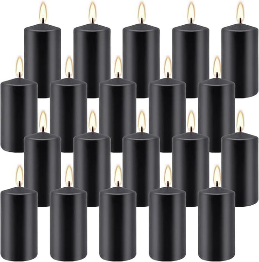 2"x4" High Black Pillar Candles, Set of 20 Unscented. Bulk Buy. Ideal for Halloween, Wedding, Emergency Lanterns, Household, Wedding and Home Décor Candlesticks