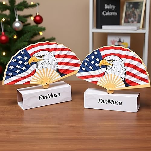 Bamboo & Paper Folding Hand Fan – Chinese Craft with Patriotic Bald Eagle American Art Design, Decorative Handheld Fan with Elegant Gift Box for Wedding, Party, Travel & Home Décor