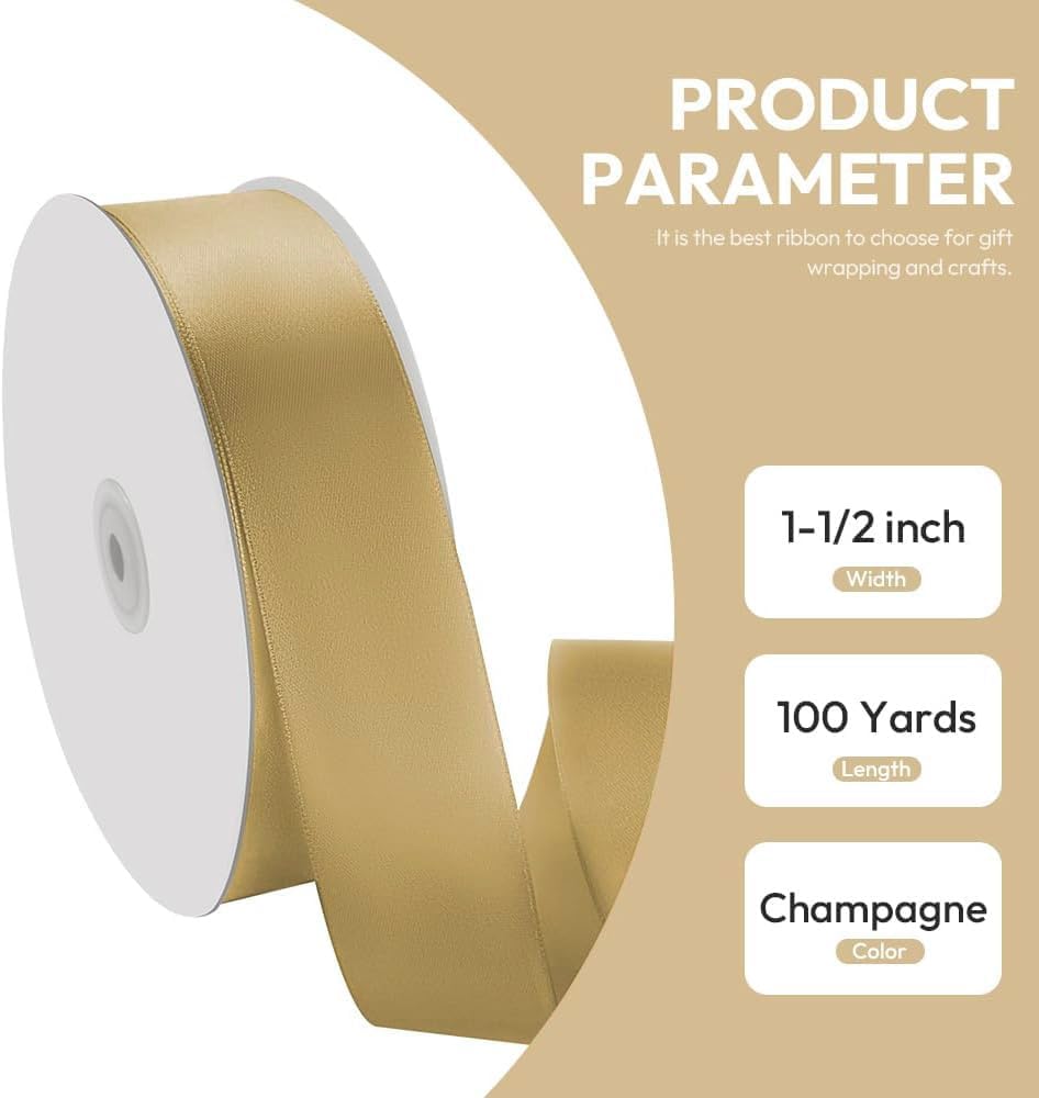 1-1/2" x 100 Yards Satin Ribbon - Wide Silk Champagne Gold Ribbon with Spool - Ideal for Gift Wrapping, Floral Bouquets, Crafts, Wedding Party Decorations, Christmas and Sewing Projects
