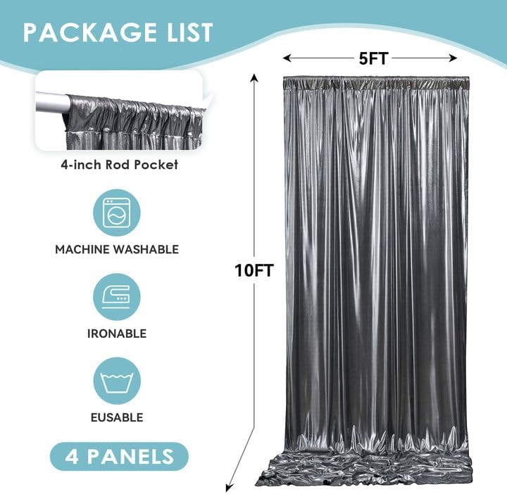 gogoparti 20x10FT Charcoal Silver Sequin Backdrop Curtain - 4 Panels of 5x10FT Wrinkle-Free Glitter Drapes for Photography, Birthdays, Weddings & Graduations