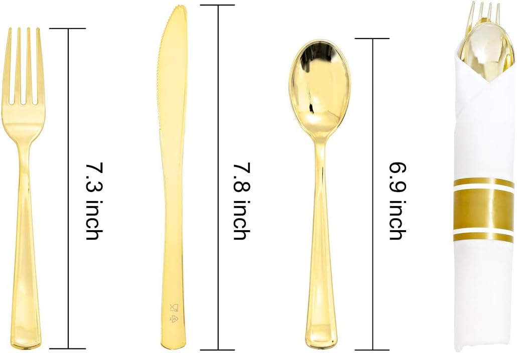 Supernal 60 Pack Pre Rolled Napkins with Gold Plastic Silverware, Premium Disposable Gold Wrapped Cutlery Set Includes: 60 Forks 60 Knives 60 Spoons 60 Napkin for Party