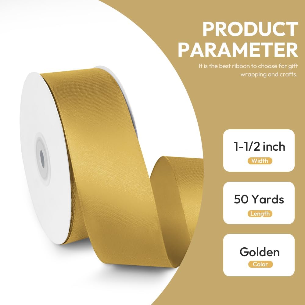 1-1/2" x 50 Yards Satin Ribbon - Gold Silk Ribbon with Spool - Ideal for Gift Wrapping, Floral Bouquets, Crafts, Wedding Party Decorations, Christmas and Sewing Projects