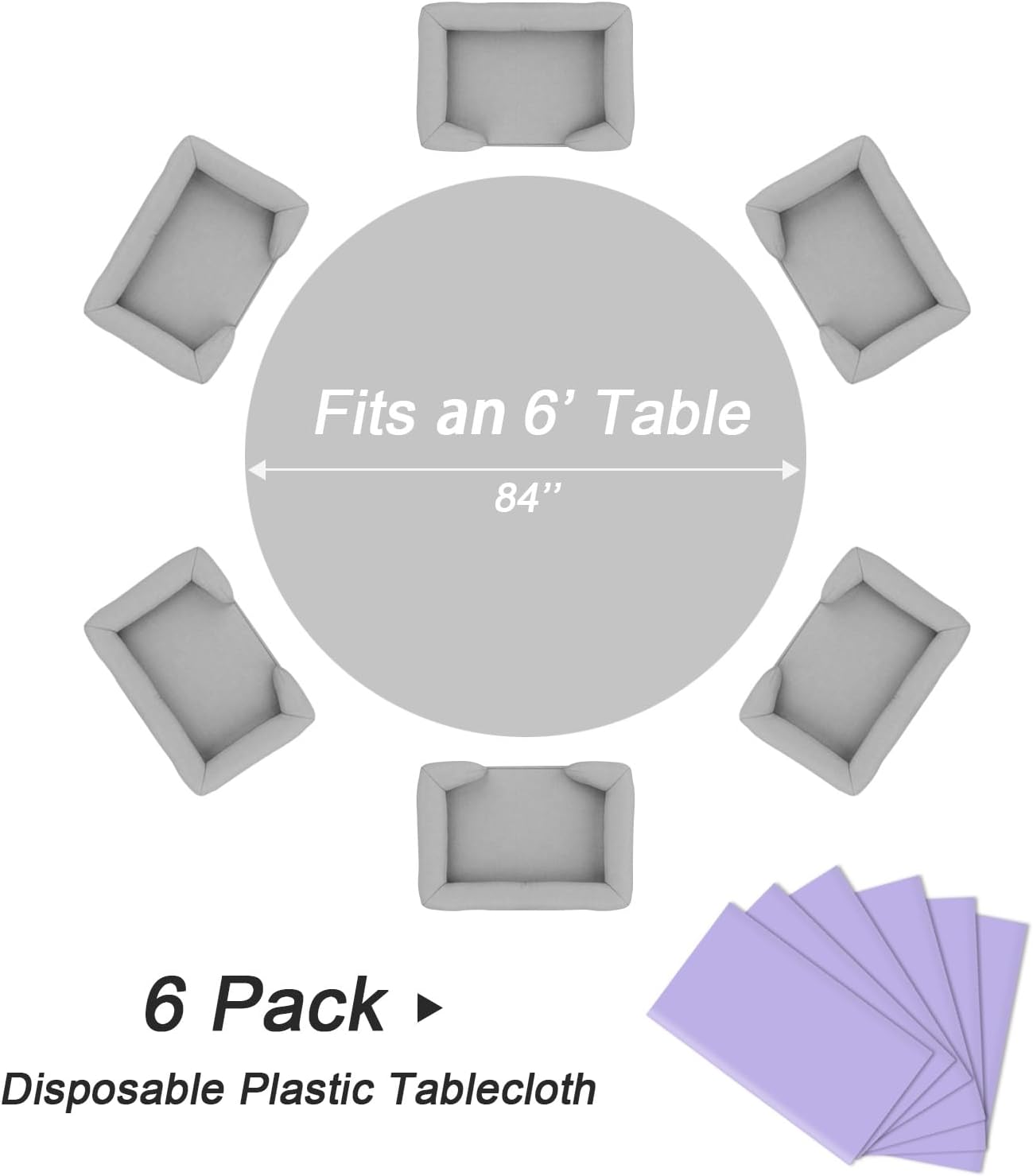 QIKSION Lavender Round Tablecloth 6 Pack, 84 Inch Plastic Table Cover Disposable for Parties