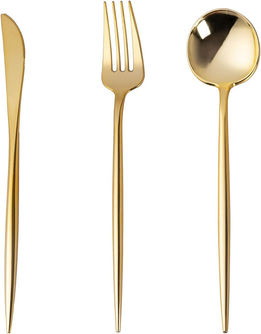 150PCS Gold Plastic Silverware,Heavy Duty Disposable Utensils Include 50 Forks,50 Spoons and 50 Knives,Gold Cutlery Plastic Silverware Sets for Party, Birthday,Wedding