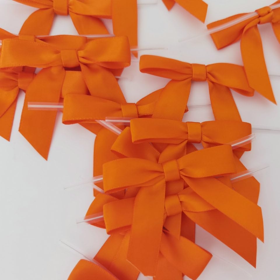 50pcs 2-1/2" Orange Twist Ties Satin Ribbon Bows in Pumpkin Color for Thanks Giving Halloween Wrapping Twist Tie Bows Hot Cutting(Orange)
