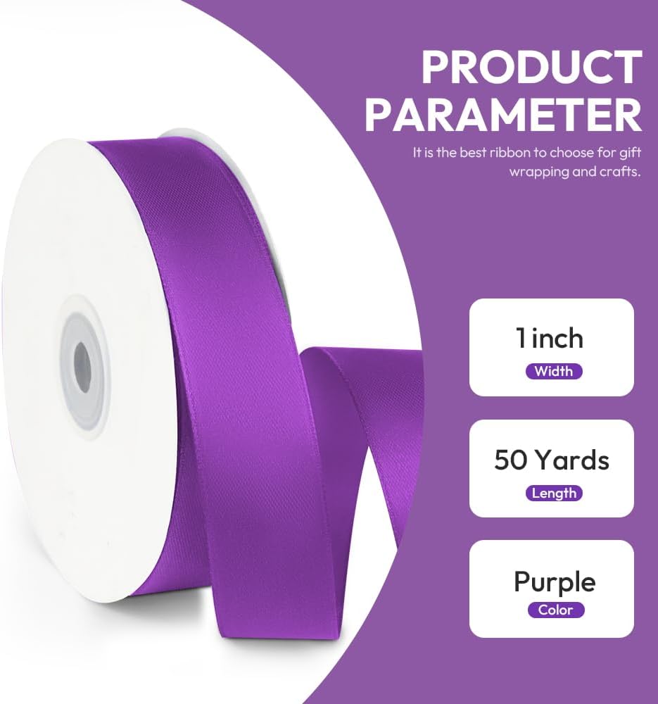 1" x 50 Yards Satin Ribbon - Purple Silk Ribbon with Spool - Ideal for Gift Wrapping, Floral Bouquets, Crafts, Wedding Party Decorations, Christmas and Sewing Projects