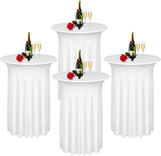Albassa 4 Pack Cocktail Table Covers 32"x 43" Spandex Stretch Round Cocktail Tablecloths with Wavy Drapes Fitted High Top Bar Table Skirt for Wedding Party Banquet (White, 4 PCS)