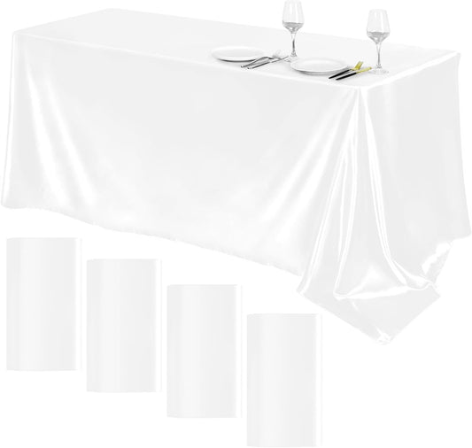 TURSTIN 4 Packs Satin Tablecloth 102 x 58 Inch Overlay Satin Table Cover Rectangle Bright Silk Tablecloth Smooth Fabric Table Decoration for Wedding Banquet Party Events, White