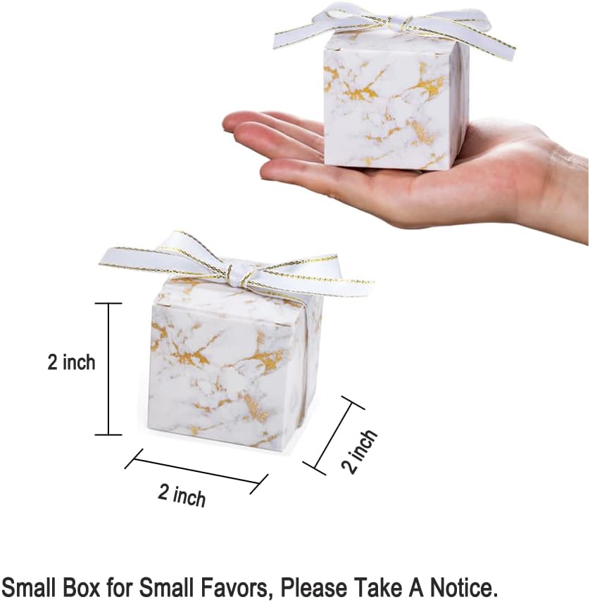 AWELL Small Marble White Gift Candy Box Bulk 2x2x2 inches with Ribbon Party Favor Box,Gold and White Marble,Pack of 50