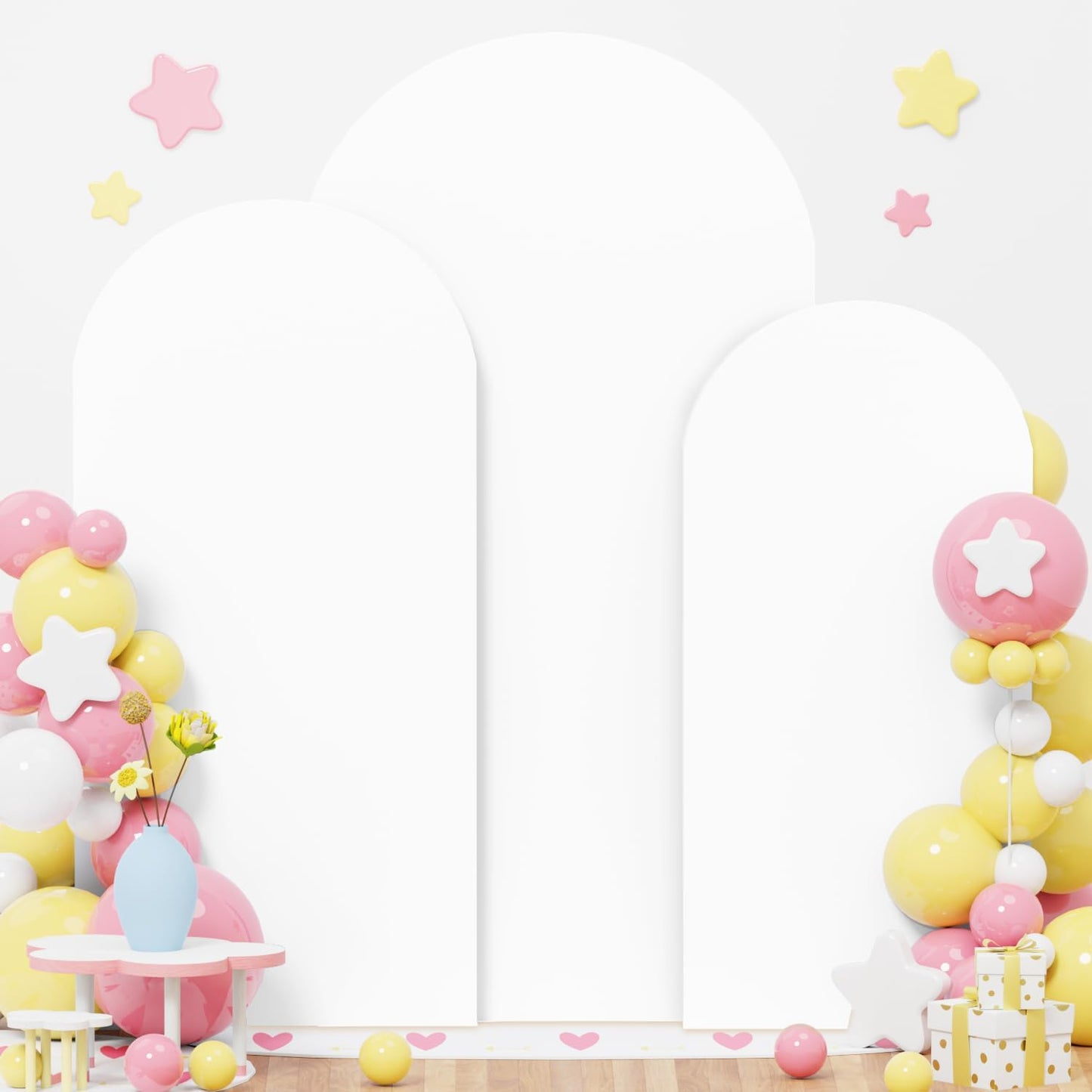 Metal Arch Backdrop Stand and White Wedding Arch Cover Set 7.2FT 6.6FT 6FT Wedding Arched Frame Balloon Arch Backdrop Stand with Spandex Arched Covers for Baby Shower Bridal Banquet Decor