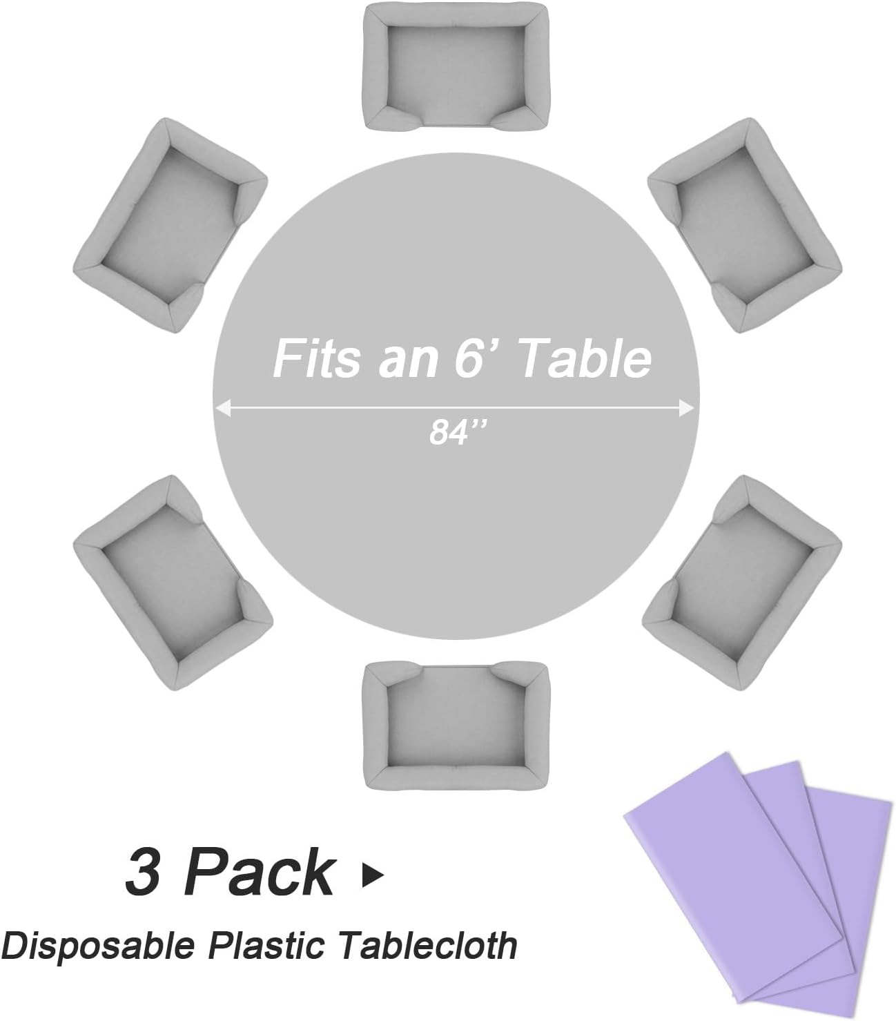 QIKSION Lavender Round Tablecloth 3 Pack, 84 Inch Plastic Table Cover Disposable for Parties