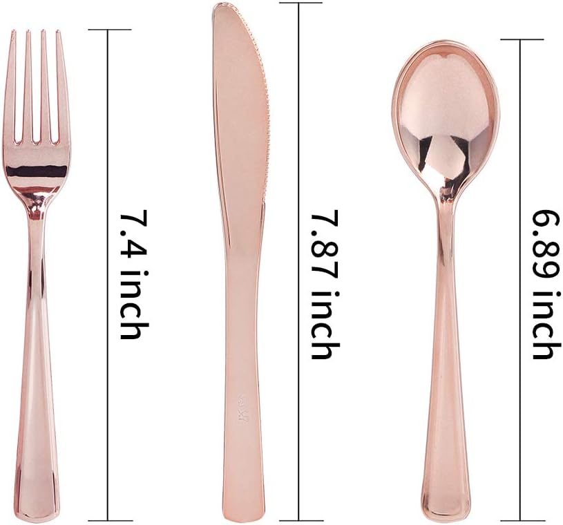 WDF160 Piece Rose Gold Disposable Cutlery Set - Heavyweight Plastic Silverware - Includes 80 Forks, 40 Spoons, 40 Knives - Rose Gold Silverware Perfect for Wedding/Party