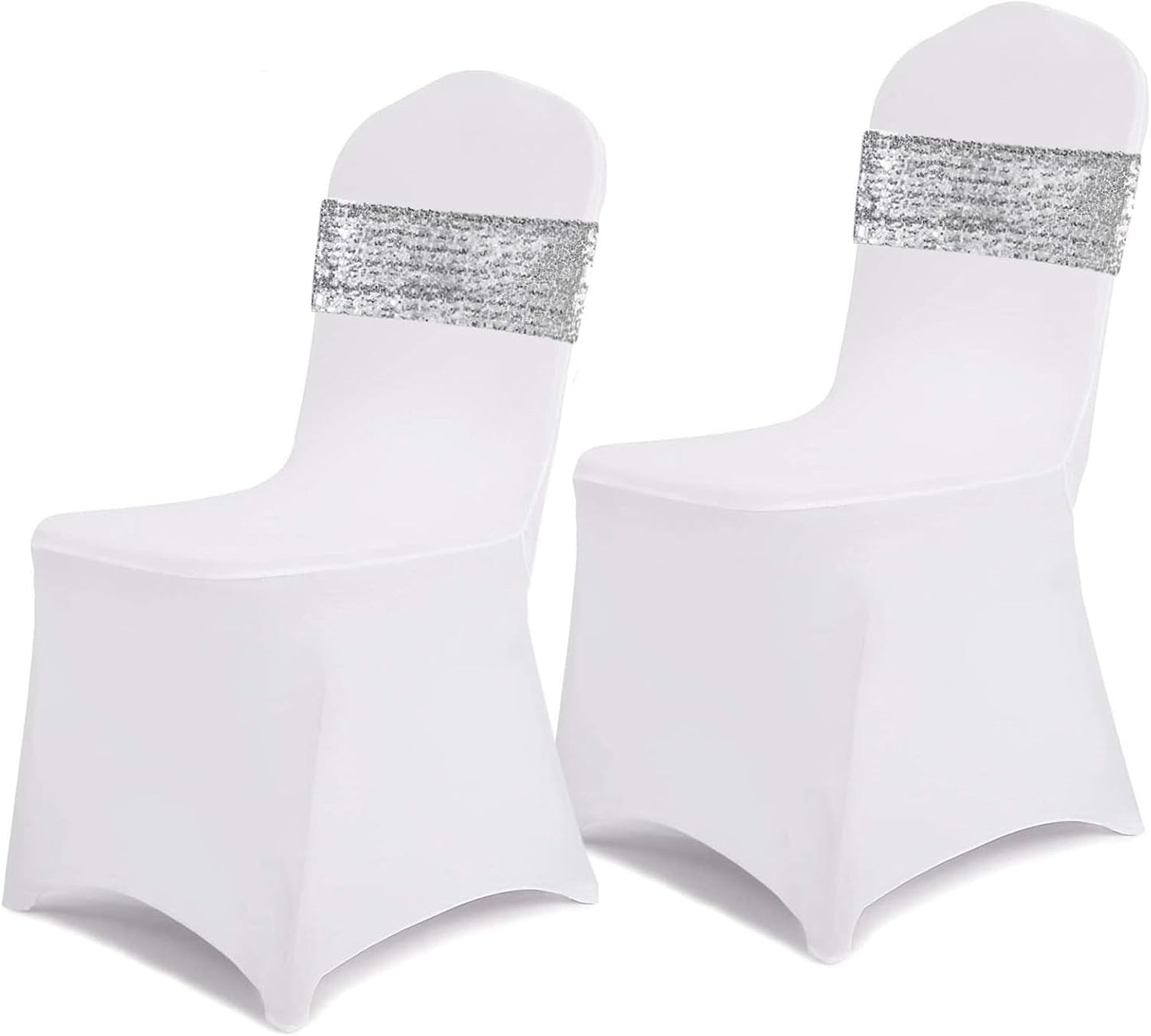 SquarePie Pack of 100 Chair Sashes Bows Sparkly Silver Sequin Chair Bands for Wedding Party Banquet Home Decor