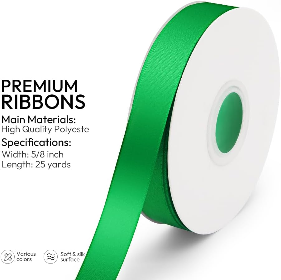 KMER LIFE 5/8 inch x 25 Yards Double Faced Polyester Emerald Green Satin Ribbon, Perfect for Gift Wrapping Very Suitable for Weddings Party Hair Bow Invitation Decorations and More