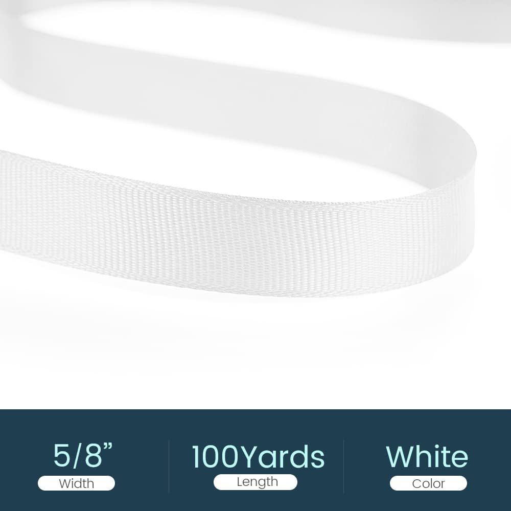 5/8" X 100 Yards White Grosgrain Ribbon, Premium Grosgrain Ribbon for Sewing, Gift Wrapping, Bow Making, Wedding Decor, Wrapping and More (White)