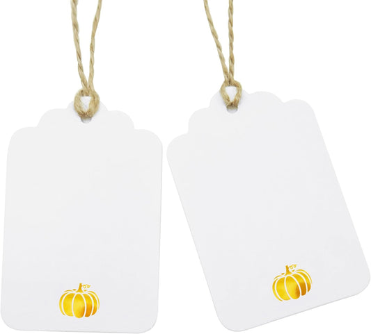 100 Pcs Blank Gift Tags with String Gold Foil Pumpkin Large White Paper Gift Tags with 65 Ft Jute Twine Cute Tags for Halloween Autumn Fall Harvest Thanksgiving Gift Wrap Tags