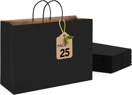 MESHA Large Black Paper Bags with Handles 16x6x12 Inch 25 Pack Paper Shopping Bags Large Gift Bags Craft Bag Kraft Bag for Small Business