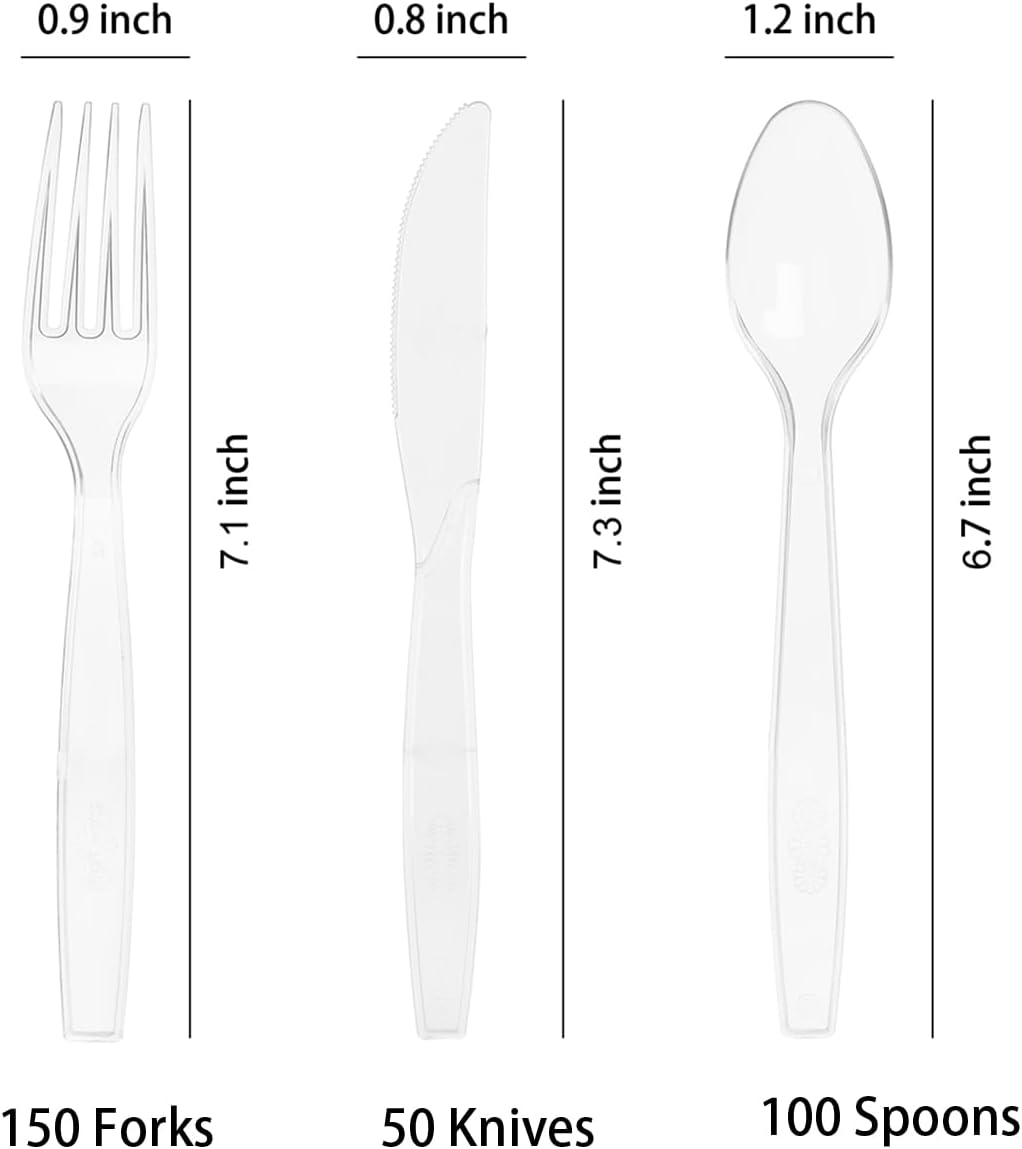 300 Count Clear Plastic Silverware, Heavy Weight Plastic Forks Spoons Knives Disposable Utensils Cutlery Set for Wedding Party Supplies Everyday Use