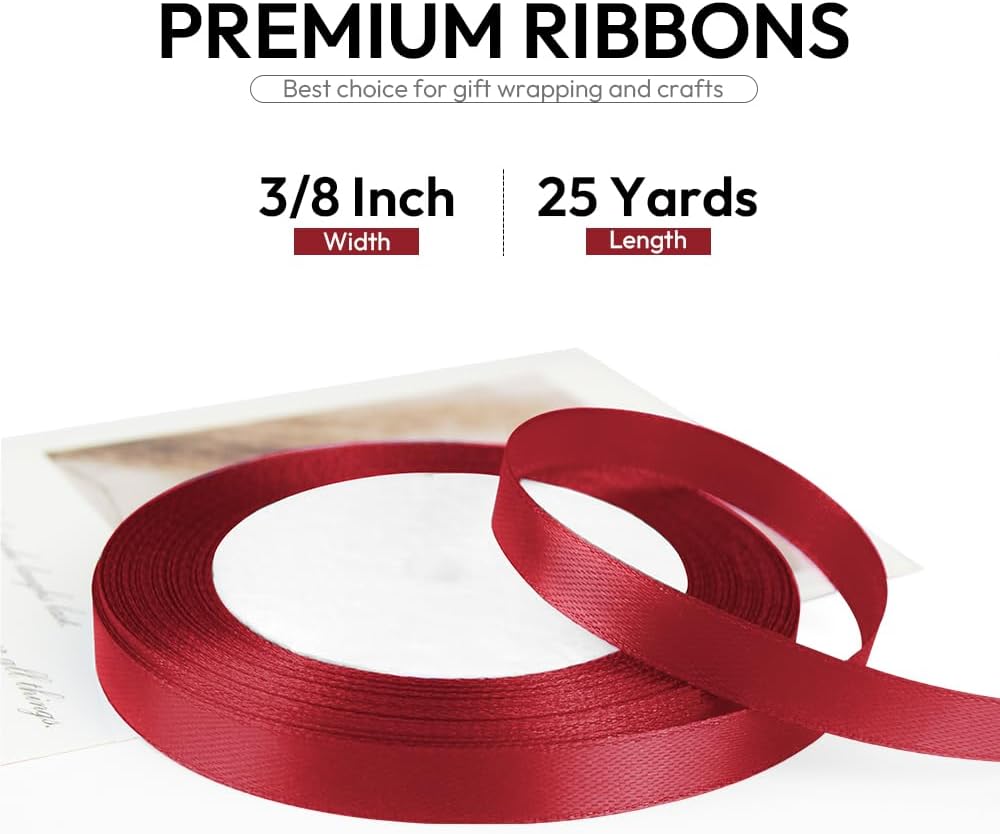 3/8 Inch 25 Yards Satin Ribbon Wine Red, Solid Color Fabric Ribbon for Gift Wrapping, Wedding, Polyester Gift Ribbon for Birthday Party Decoration, Craft, Hair, Floral, Sewing