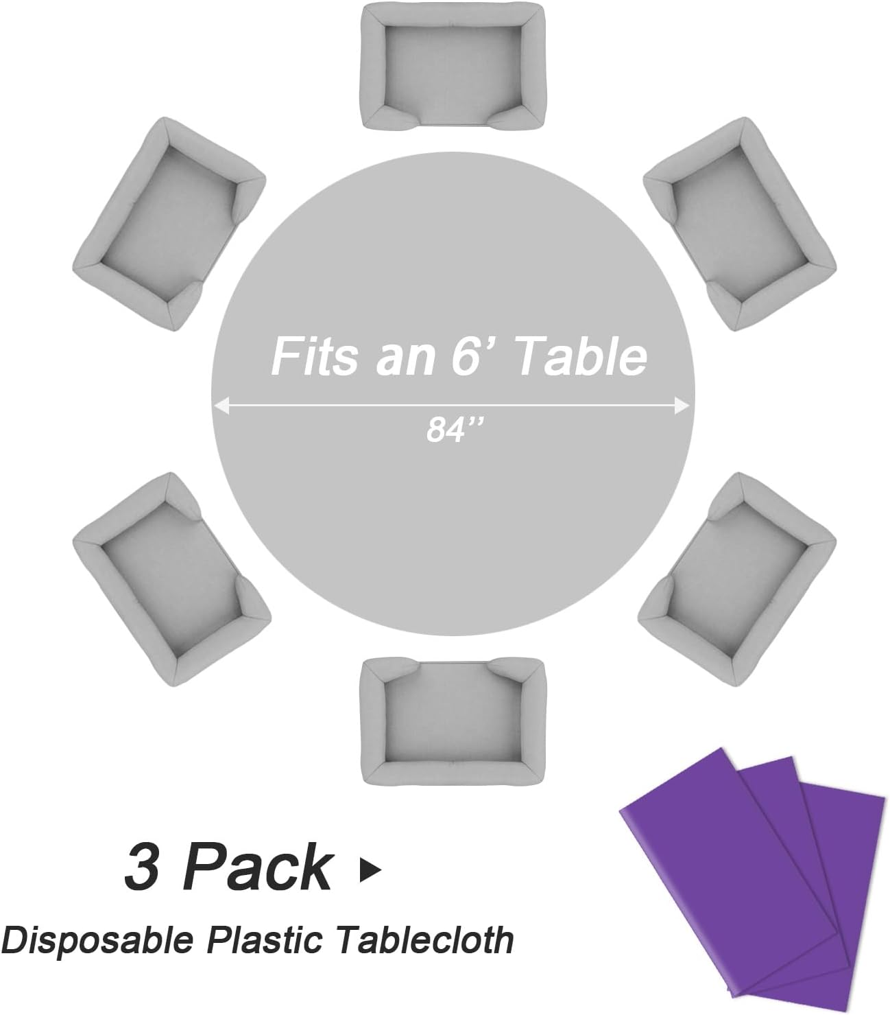 QIKSION Purple Round Tablecloth 3 Pack, 84 Inch Plastic Table Cover Disposable for Parties