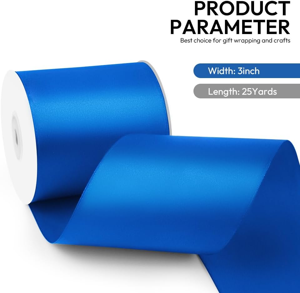 3 Inch 25 Yard Wide Satin Ribbon Royal Blue, Solid Fabric Large Ribbon Roll for Cutting Ceremony Wedding Opening Party Decoration, Chairs, Sewing, Festival Pageant Sashes