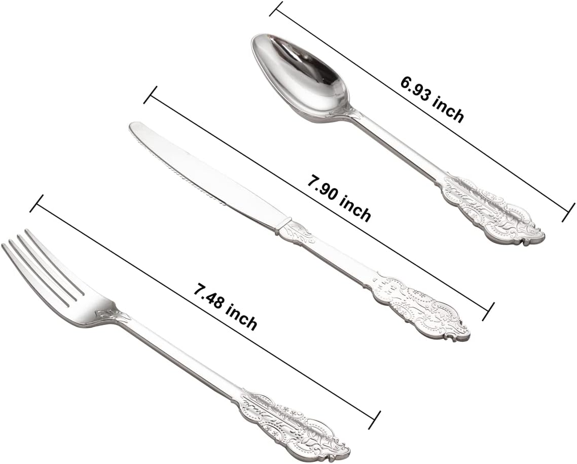 WDF 200 Pieces Silver Plastic Silverware Disposable - 50Guests Silverware Plastic Cutlery - Disposable Utensils Includes 100 Forks, 50 Spoons, 50 Knives Perfect for Christmas Wedding or Party