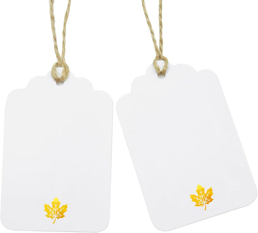 100 Pcs Blank Gift Tags with String Gold Foil Maple Leaf Fall Large Gift Tags with 65 Ft Jute Twine White Paper Cute Tags for Fall Autumn Thanksgiving Harvest Party Gift Wrap Tags