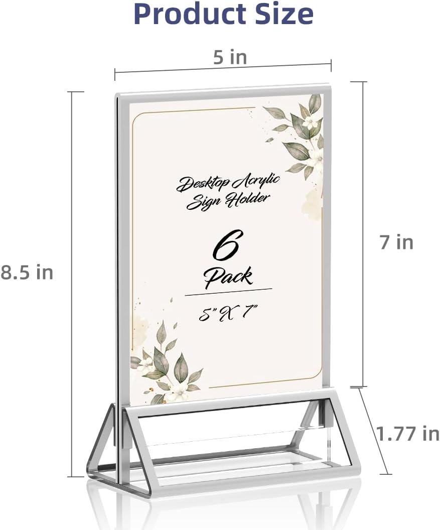 Clear Acrylic Sign Holder 5X7 with Silver Borders Display Stand, Double Sided Acrylic Picture Frames Plastic Sign Holder for Wedding Table Numbers Menu Holder (6 Pack)