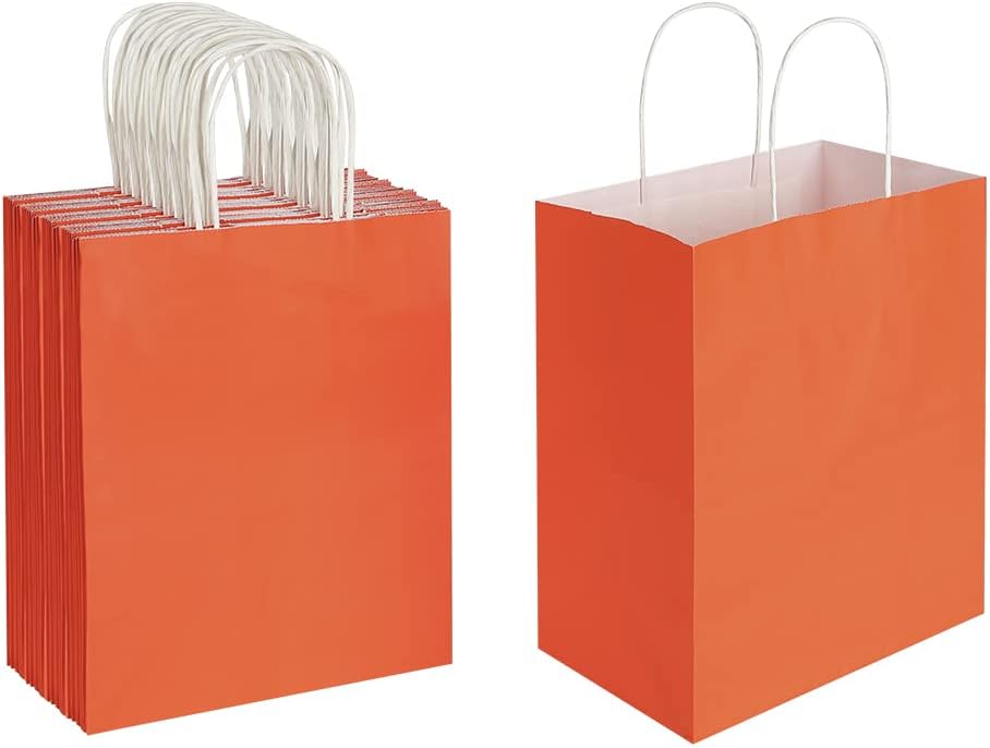 Oikss 50 Pack 8x4.75x10 Inch Medium Orange Kraft Paper Bags with Handles Bulk for Birthday Wedding Party Favors Grocery Retail Shopping Takeout Business Goody Craft Gift Bags Sacks, (50pcs Count)
