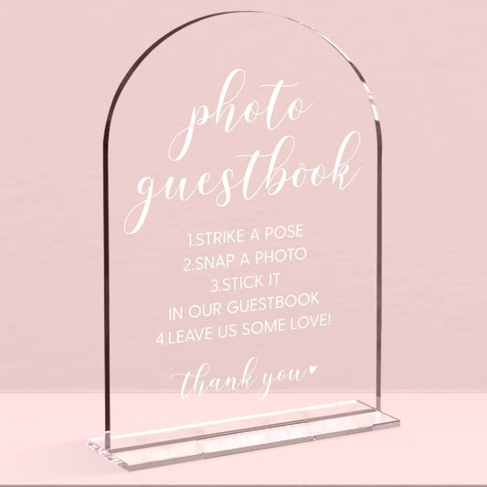 Wedding Sign，Please Sign Our Guestbook Sign，Wedding Sign for Ceremony and Reception, Arch Acrylic Wedding Signs, Wedding Decorative Signage For Table Decor 5 x 7 Inch (White)