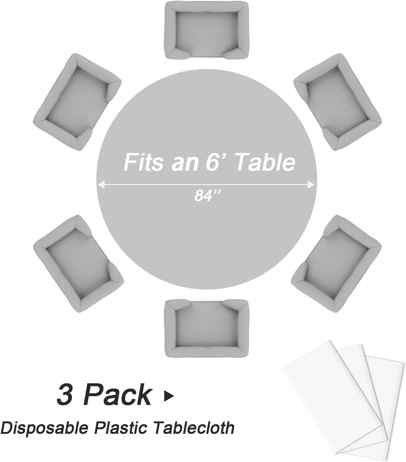 QIKSION White Round Tablecloth 3 Pack, 84 Inch Plastic Table Cover Disposable for Parties