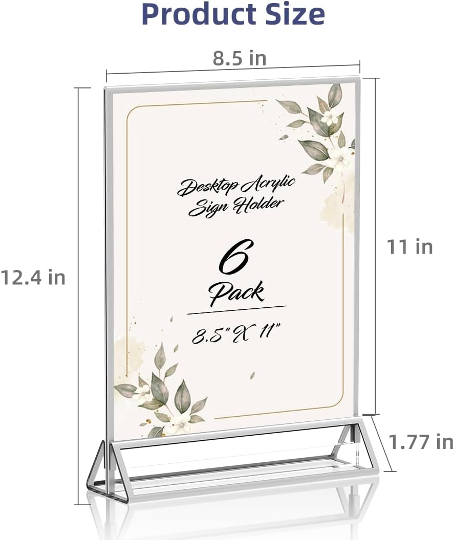 Clear Acrylic Sign Holder 8.5X11 with Silver Borders Display Stand, Double Sided Acrylic Picture Frames Plastic Sign Holder for Wedding Table Numbers Menu Holder (6 Pack)