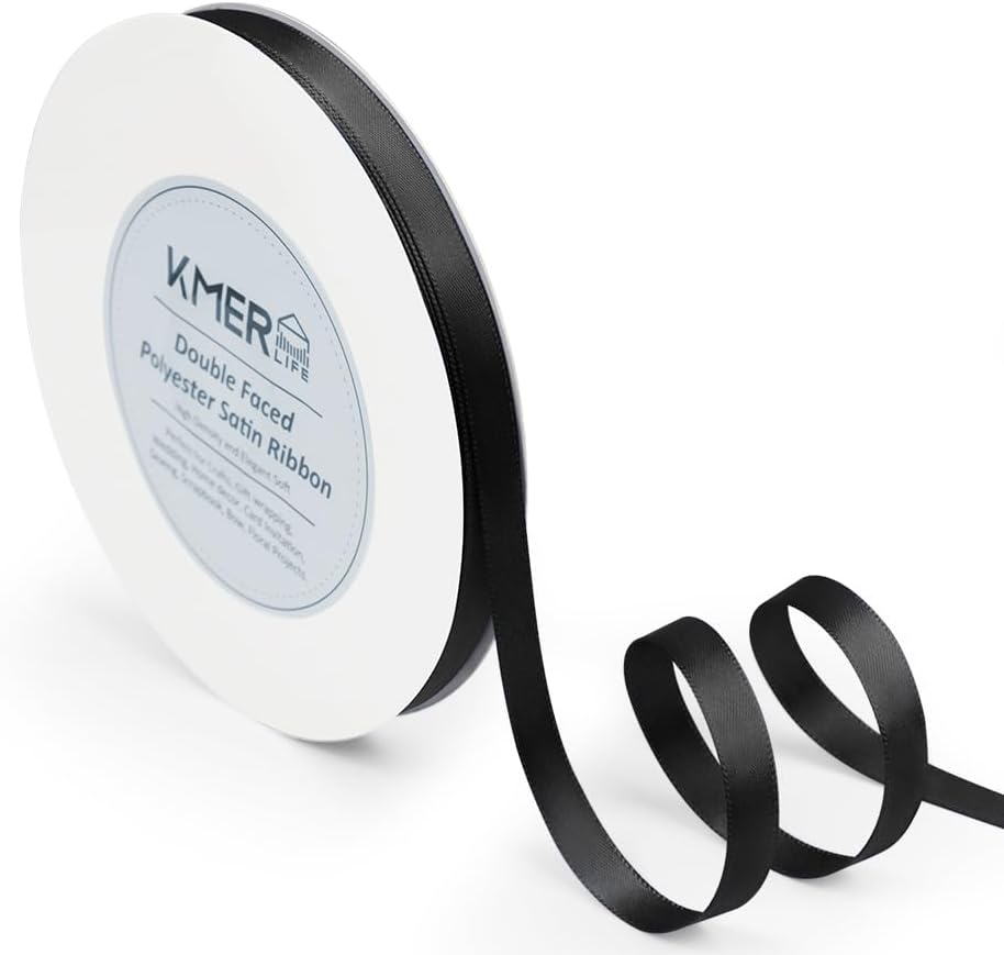 Solid Color Double Faced Black Satin Ribbon 3/8" X 50 Yards Ribbons Use for Bows Bouquet, Gift Wrapping, Floral Arrangement