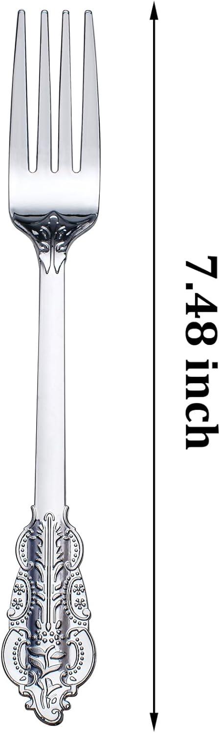 WDF 100 Piece Silver Forks Disposable - 7.48 Inch Silver Plastic Forks - Baroque Silverware for Dessert Cake - Heavy Duty Plastic Fork for Christmas Party, Wedding or Daily Using