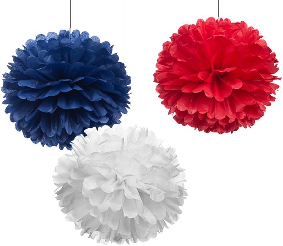 12" Red White Blue Tissue Pom Poms DIY Hanging Paper Flower Balls for Nautical Party Decoration 4th of July Patriotic Decorations, Pack of 12
