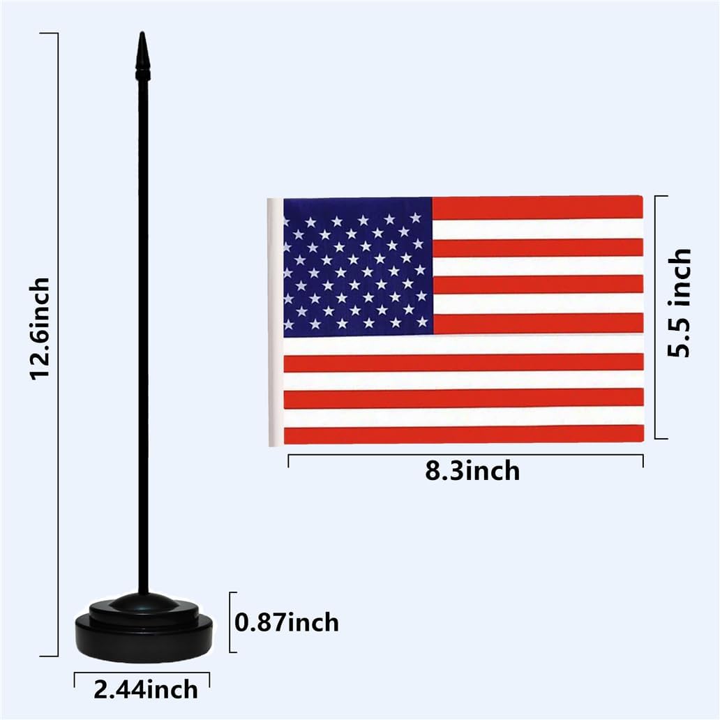 US American Deluxe Desk Table Flag Set Small Mini Miniature USA Table Desktop Flags With Solid Pole, Black Base and Spear Top(2 Pack)