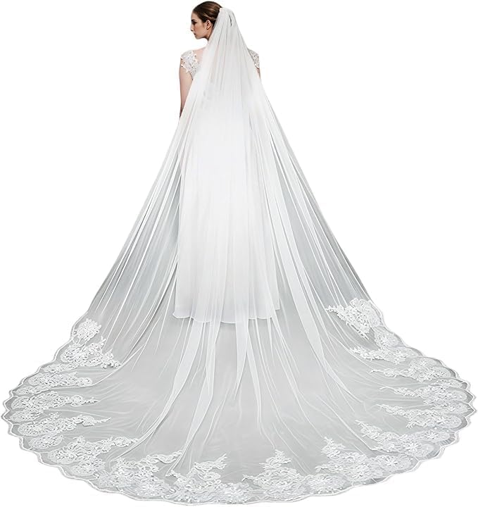 Bridal Veil long Cathedral Length Lace Sequins Edge 1 Tier Wedding Veil with Metal Comb for Brides