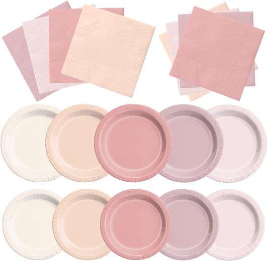 CMUSKO Pink Birthday Decorations - 60pcs Retro Dusty Pink Plates & Napkins Kit Boho Theme Tableware for Baby Shower,Wedding, Bridal Shower