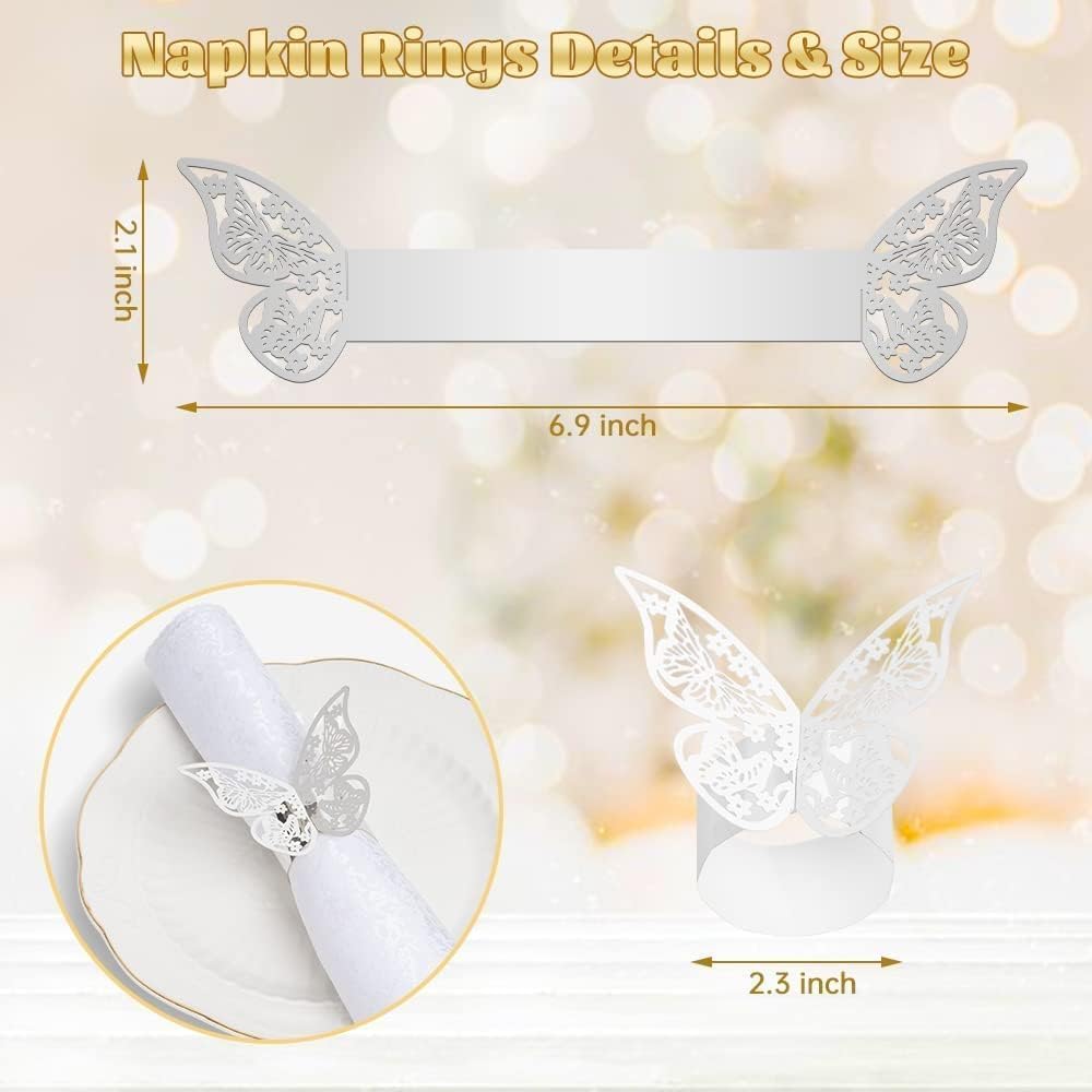 100 Pcs Napkin Rings Laser Cut Butterfly Shape Foil Paper Napkin Holder for Weddings Party Serviette Table Decoration Restaurant (Silver)