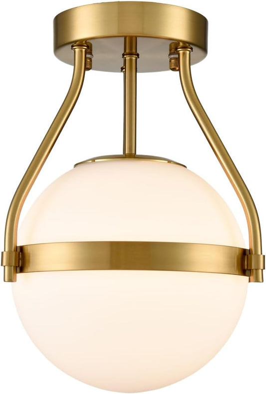 HOLKIRT Modern Semi Flush Mount Light, Mid Century Style 7Inch/18CM Brass Globe Ceiling Light with Opal Glass for Kitchen, Hallway, Bedroom