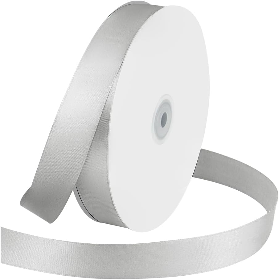 1 Inches x 100 Yards Polyester Satin Ribbon, Solid Color Silvery Satin Ribbon for Crafts, Gift Wrapping, Hair Bows, Wedding Party Decoration, Bow Making & Other Projects (Silvery)