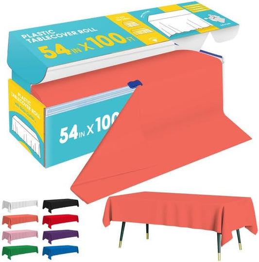 Orange Plastic Table Cover Roll - 54IN x 100FT, Table Cloth for Rectangle Table with Slide Cutter, Plastic Table Cloth Disposable with Cut-to-Size Design for Weddings, Banquets, Parties