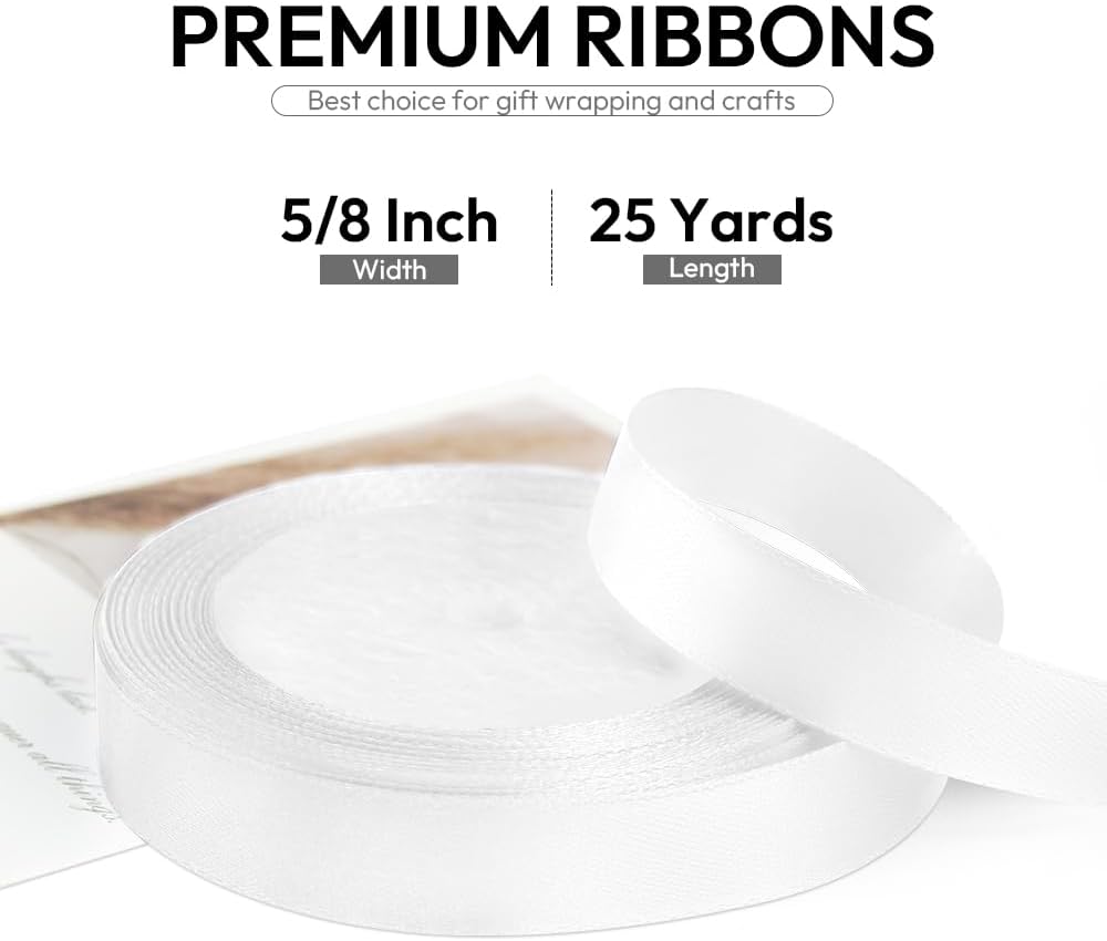 5/8 Inch 25 Yards Satin Ribbon White, Solid Color Fabric Ribbon for Gift Wrapping, Wedding, Polyester Gift Ribbon for Birthday Party Decoration, Craft, Hair, Floral, Sewing