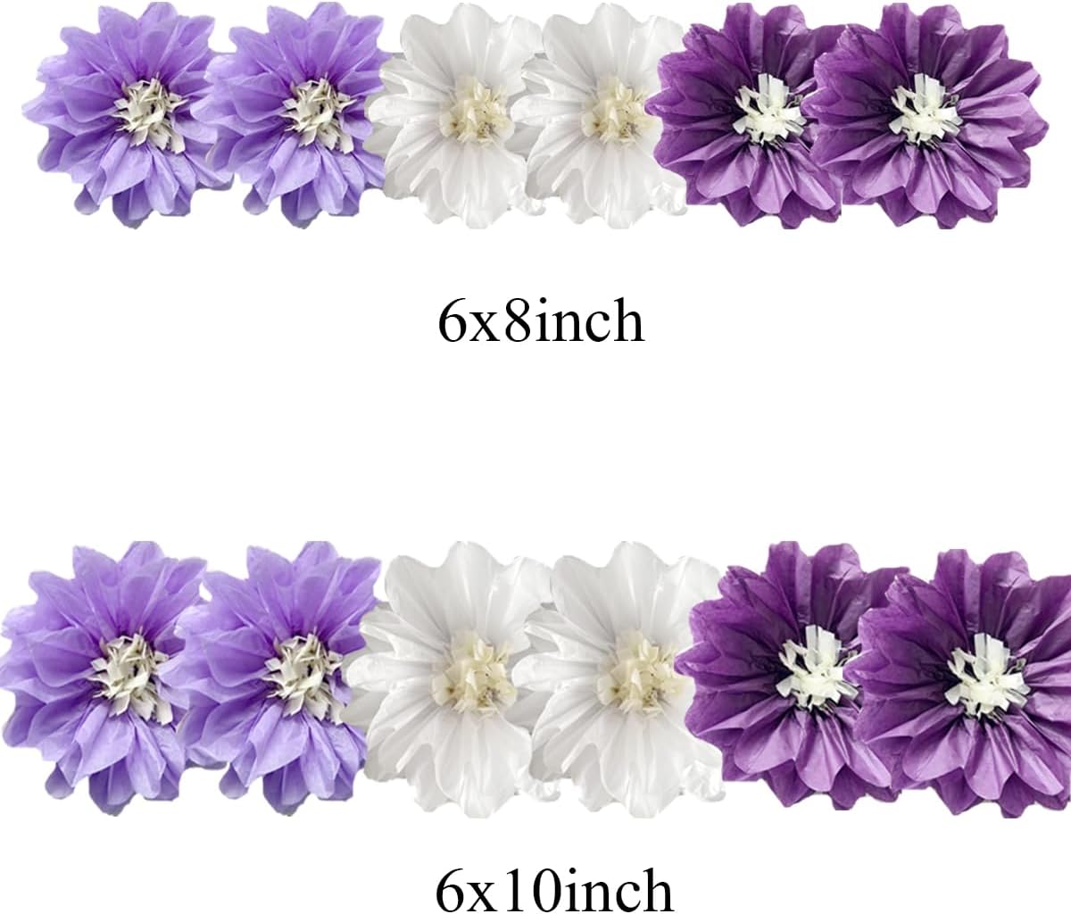 12pcs 8in & 10in Tissue Paper Flowers - Pom Poms, Hanging & Wall Backdrop - Purple Wedding & Party Decorations - DIY Art Craft Blooms for Birthdays & Baby Showers