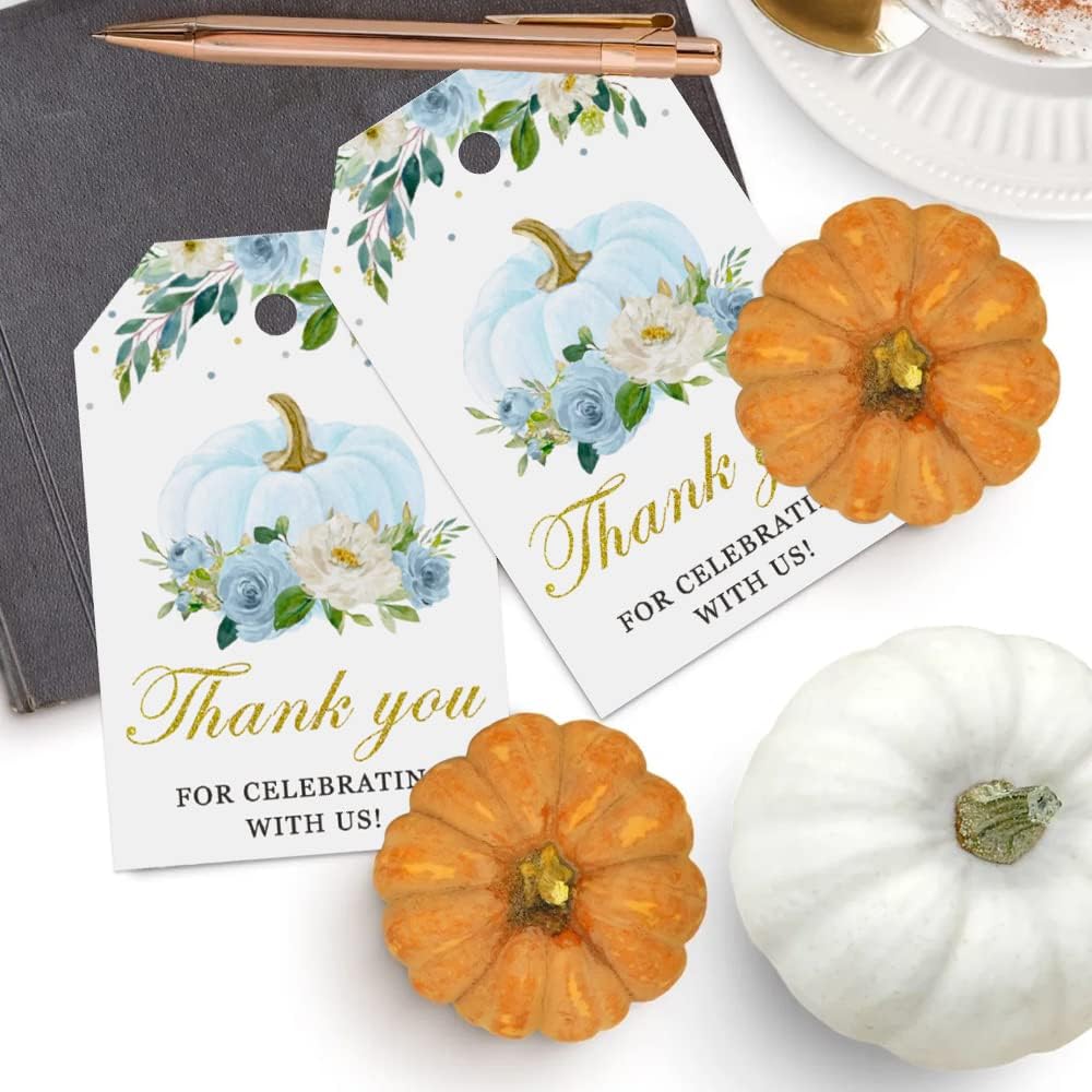 50 Pcs Pumpkin Gift Tags, Fall Theme Gift Tags with String, Thank You for Celebrating with Us Tags for Wedding Thanksgiving Birthday Baby Shower Party Favors (Color Blue)