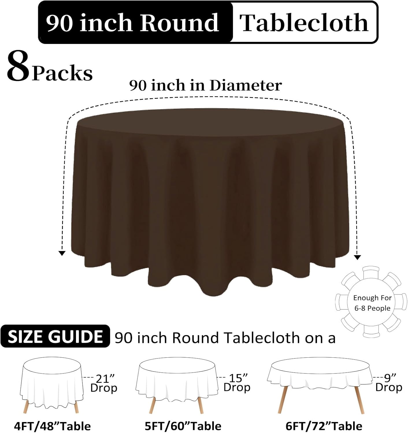 8 Pack Brown Round Tablecloth 90 Inch Stain and Wrinkle Resistant Round Brown Table Cloth Reusable and Washable Polyester Fabric for Buffet Wedding Party and Banquet