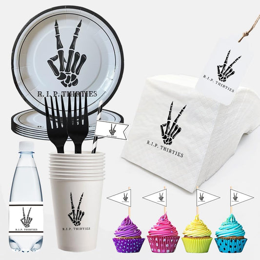 SharkBliss RIP Thirties Party Supplies 240 PCS – Paper Cocktail Napkins Party Cups Water Bottle Labels Toothpick Flags Drinking Straws Gift Tags Forks Plates for Death to My 30s 40th Birthday